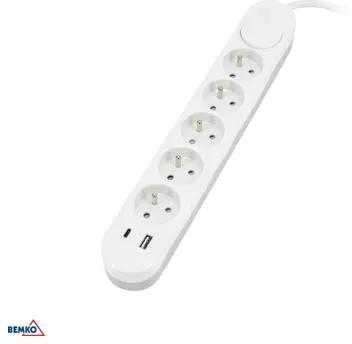 Bemko Ilgintuvas, 5-vietis, 2m, su 2x USB(C+A), baltas, max 3500W