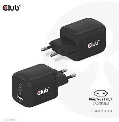 Club 3D Club3D kelioninis įkroviklis 65W GAN technologija, 3 prievadai (2xUSB-C + USB-A), PPS, Power Delivery (PD) 3.0 palaikymas