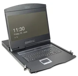Digitus Modulinė konsolė su 19 colių (48,3 cm) TFT monitoriumi, 16 prievadų KVM Cat. 5 komutatoriumi ir jutikliniu kilimėliu, vokiška klaviatūra