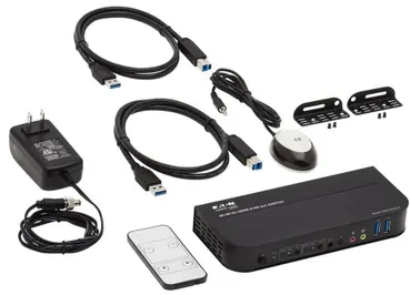 „Tripp Lite Eaton“ KVM komutatorius „Eaton Tripp Lite“ serija HDMI KVM, 2 prievadų 4K 60Hz 4:4:4, HDR, HDCP 2.2 palaikymas, IR nuotolinio valdymo pultas ir USB kabeliai - KVM/garso/USB komutatorius - 2 x KVM/garso/USB - 1 vietinis vartotojas - darbalaukio versija