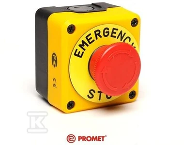 Emas Promet 40mm (1NC) juodai geltona saugiojo lydinio juosta su aprašomąja plokšte "Avarinis sustojimas" - P1EC400E40- K