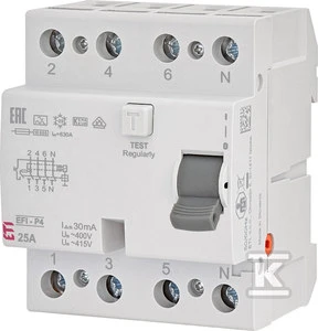 Srovės nuotėkio rėlė ETI EFI-P4 A 10kA, 4P, 25 A, 415 V,30mA