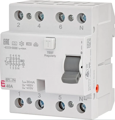 Srovės nuotėkio rėlė ETI EFI-P4 A, 4P, 40 A, 415 V, 30 mA