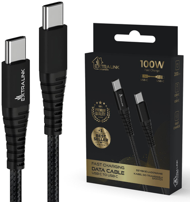 Extralink Smart Life Braided 100W USB Type-C į Type-C 480 Mbps, 20V 5A 2m juoda