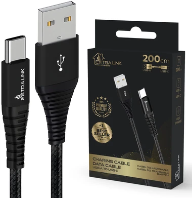 Extralink Smart Life Braided 15W USB Type-A iki Type-C 2m 5V 3A juoda
