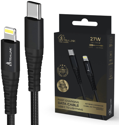 Extralink Smart Life USB-C - Lightning 27W 200cm juoda