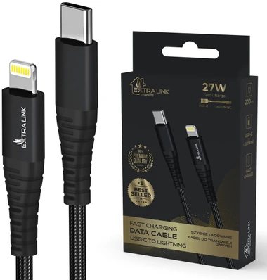 Extralink Smart Life USB-C - Lightning 27W 200cm juoda