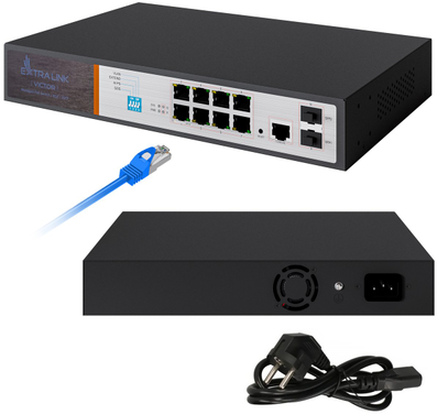 Šakotuvas Valdomas PoE jungiklis Extralink Victor, 8x Gigabit PoE/PoE+, 2x SFP, 150W