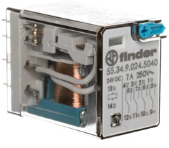 Finder Pramoninė relė 4P 7A 24V DC mygtukas išbandyti veiksmų norma (55.34.9.024.5040)