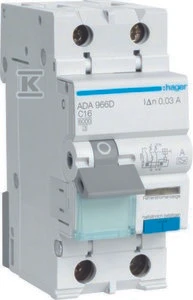 Srovės nuotėkio relė su automatiniu jungikliu Hager AD966J (2P, 16A, C, AC tipo, 1P+N, 6kA)