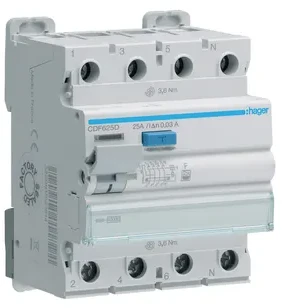 Hager Polo CDF625D Liekamosios srovės grandinės pertraukiklis 4P 25A 30mA 10kA tipas F CDF625D