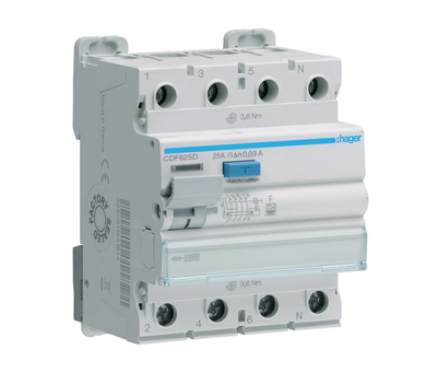 Hager Polo CDF625D Liekamosios srovės grandinės pertraukiklis 4P 25A 30mA 10kA tipas F CDF625D