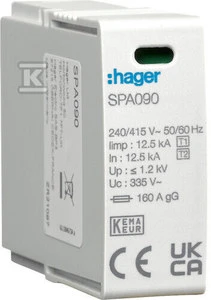 Hager SPD modulis T1+T2 MOV 1P L-N Iimp=12.5 kA In=12.5kA Imax=50kA Up≤1.2kV SPA090