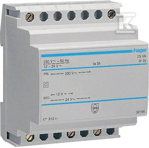 Hager modulinis saugos transformatorius 230/12-24V AC 1,04-2,08A 25VA IP20 (ST312)