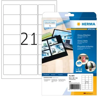 Herma Glossy etiketės 4904, A4, 63,5 x 38,1 mm, balta, blizgus popierius, 525 vnt (4904)