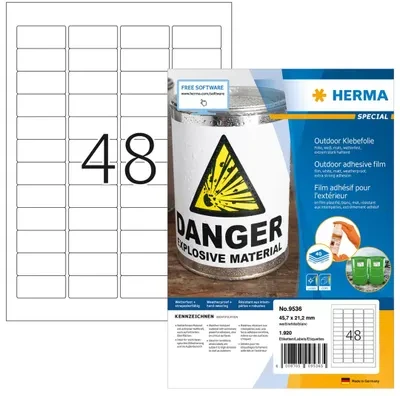 „Herma A4“ oro sąlygoms atsparios plėvelės etiketės, 45,7 x 21,2 mm Balta itin stiprus sukibimo tempimas – 9536