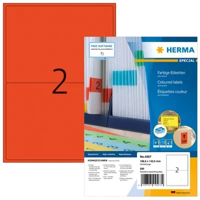 Herma Color etiketės A4, 199,6 x 143,5 mm, raudona, nuolatiniai klijai - 4567