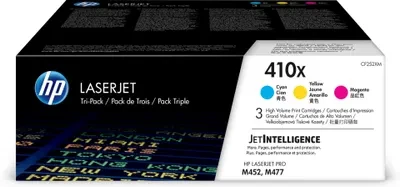 Hewlett Packard (HP) HP 410X 3 pakuočių didelio našumo žalsvai mėlynos spalvos / rausvai raudonos spalvos / geltonos originalios LaserJet dažų kasetės
