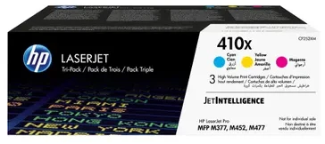 Hewlett Packard (HP) HP 410X 3 pakuočių didelio našumo žalsvai mėlynos spalvos / rausvai raudonos spalvos / geltonos originalios LaserJet dažų kasetės