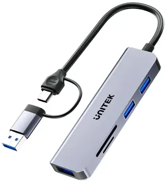 Unitek Hub 5w1 USB-A/C 5 Gbps su atminties kortelių skaitytuvu SD i micro SD