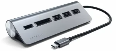 SATECHI Type-C aliuminio USB 3.0 šakotuvas ir kortelių skaitytuvo vieta pilka