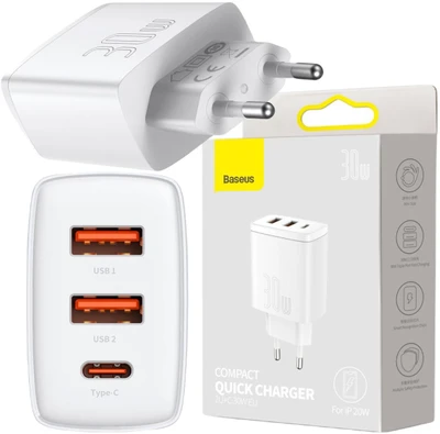 Baseus Sieninis įkroviklis 30W 2xUSB + USB-C QC3.0 PD3.0, baltas
