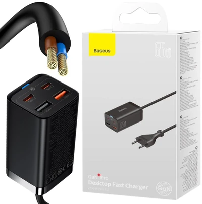 Baseus Sieninis įkroviklis GaN3 Pro 65W 2xUSB + 2xUSB-C QC4+ PD3.0 su USB-C 1.5m laidu, juodas
