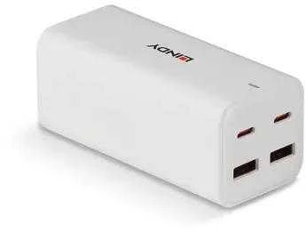 USB Įkroviklis - LINDY 100W 4 Prievadų GaN Įkroviklis su 2x USB Type C ir 2x Type A Prievadai, Baltas