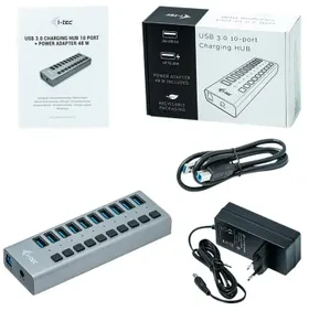 I-TEC USB 3.0 įkrovimo HUB 10 prievadų prievadas su išoriniu maitinimo adapteriu 48 W 10x USB įkrovimo prievadas, skirtas planšetiniams kompiuteriams Nešiojamiesiems kompiuteriams Ultrabooks kompiuteriams