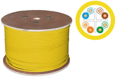 U/UTP 6 kategorijos telekomunikacijų kabelis, LSOH, B2ca "FireHardy" 4x2x23 AWG, 1Gb/s (10Gb/s iki 55m), 450 MHz, 25 metų garantija, INTERTEK ETL sertifikatas, gelton, 500m - ALANTEC