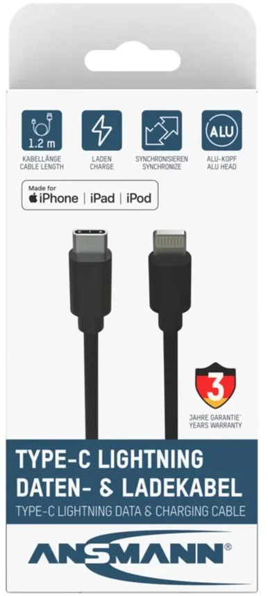 Kabelis USB Ansmann USB-C - Lightning 1.2 m Juodas (1700-0106)