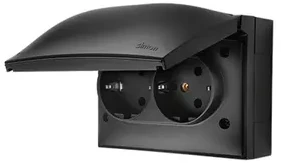 Kontakt Simon Contact-Simon Simon Aquaclick Socket IP44, Schuko, dvigubas kompaktiškas, atvartas juodas ACGSZ2/49