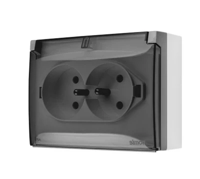 Kontakt Simon Kreipkitės į Simon ACGZ2Z/16A Simon Aquaclick Lizdas IP44, dvigubas kompaktiškas įžeminimo jungiklis, skaidrus dangtelis su ekranu. seka elektrą. rutulys ACGZ2Z/16A