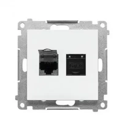 Kontakt Simon T62E.01/111 Simon 55 Dvigubas kompiuterio lizdas RJ45 6 kategorija, ekranuotas su apsauga nuo dulkių (modulis) Matinės baltos spalvos T62E.01/111