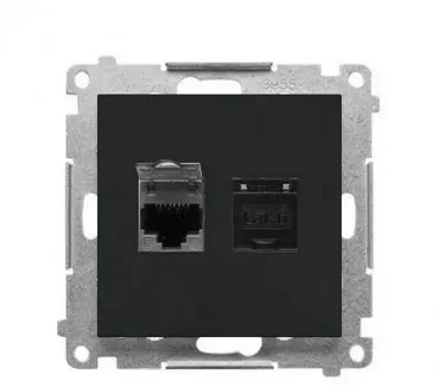 Kontakt Simon T62E.01/149 Simon 55 Dvigubas kompiuterio lizdas RJ45 6 kategorija, ekranuotas su apsauga nuo dulkių (modulis) Matinės juodos spalvos T62E.01/149