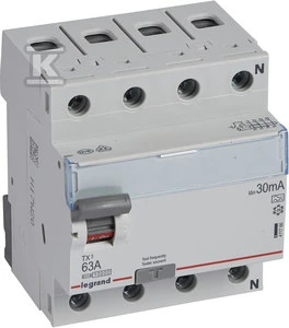 „Legrand“ liekamosios srovės grandinės pertraukiklis 4P 63A 0,03A tipas A P304 TX3 (411766)