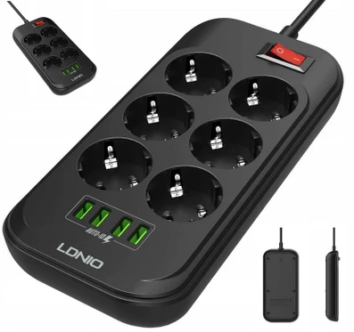 Ilgintuvas su 6 AC lizdais 4x USB LDNIO 2m - juoda
