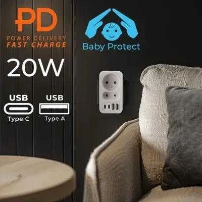 Srovės lizdai x2 + 4xUSB Maclean, skirstytuvas su 2 lizdais, 2xUSB A, 2xUSB C PD 20W, 1x16A + 1x6A, MCE249 F/W