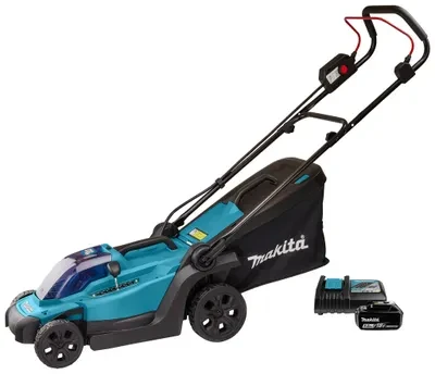 Makita DLM330RT akumuliatorinė vejapjovė 18 V ličio jonų, 1 x 5,0 Ah, DC18RC, 33 cm, 3 viename (pjovimas / surinkimas / mulčiavimas), 12,6kg,