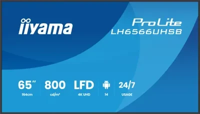 Monitorius iiyama LH6566UHSB-B1AG signage display Płaski panel Digital Signage 165,1 cm (65") LCD Wi-Fi 800 cd/m2 4K Ultra HD Juodas Procesor įmontuotas Android 24/7