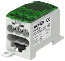 Morek Simet CU paskirstymo blokas 1-potencialas, 200 A (Cu) 160A (AL) / 70mm2/ TS 35/ įėjimas 1x10-70 išėjimas: 6x2,5-16 mm2 žalias MAB12