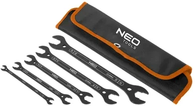 Neo Tools Klucze Dvipusiai itin ploni atviri veržliarakčiai, 4 viename, 6–27 mm (20 dydžių), 5 vnt. rinkinys.