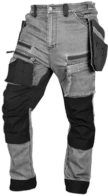 Neo Tools Kelnės Džinsinės darbo kelnės, sutvirtintos „Cordura“ audiniu, nuimamos kišenės dėklams, pilkos, M dydis