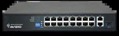 Šakotuvas Nevaldomas komutatorius 18xRJ45 - 16 RJ45 PoE+ 100Mb/s prievadų + 2 RJ45 Uplink 1Gb/s prievadai (galios sąnaudos 150W) AVIZIO