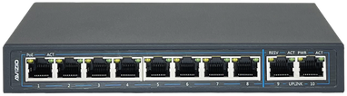 Šakotuvas Nevaldomas komutatorius 10xRJ45 - 8 RJ45 PoE+ 100Mb/s prievadai + 2 RJ45 Uplink 1Gb/s prievadai (energijos sąnaudos 96W) AVIZIO