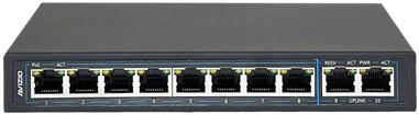 Šakotuvas Nevaldomas komutatorius 10xRJ45 - 8 RJ45 PoE+ 1Gb/s prievadai + 2 RJ45 Uplink 1Gb/s prievadai (energijos sąnaudos 96W) AVIZIO