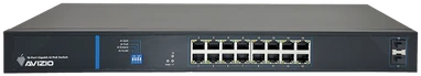 Šakotuvas Nevaldomas komutatorius su 16 RJ45 PoE+ 1 Gb/s prievadų + 2 SFP Uplink 1 Gb/s prievadais (galios sąnaudos 150 W) AVIZIO