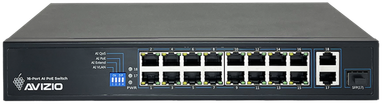 Šakotuvas Nevaldomas komutatorius 18xRJ45 - 16 RJ45 PoE+ 100Mb/s prievadų + 2 RJ45 Uplink 1Gb/s prievadai (galios sąnaudos 150W) AVIZIO