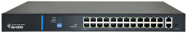 Šakotuvas Nevaldomas komutatorius (jungiklis) 24 RJ45 PoE+ 100Mb/s prievadai + 2 RJ45 Uplink 1Gb/s prievadai (galios sąnaudos 250W) AVIZIO