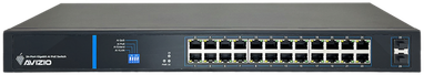 Šakotuvas Nevaldomas komutatorius su 24 RJ45 PoE+ 1 Gb/s prievadais + 2 SFP Uplink 1 Gb/s prievadais (250 W galios biudžetas) AVIZIO